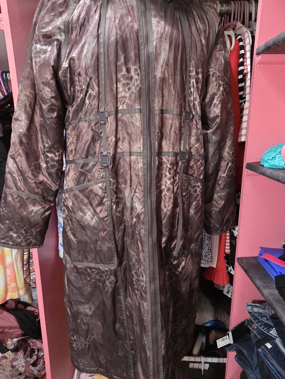 Women's Long Brown Faux-Fur Trim Puffer Coat - Brown
